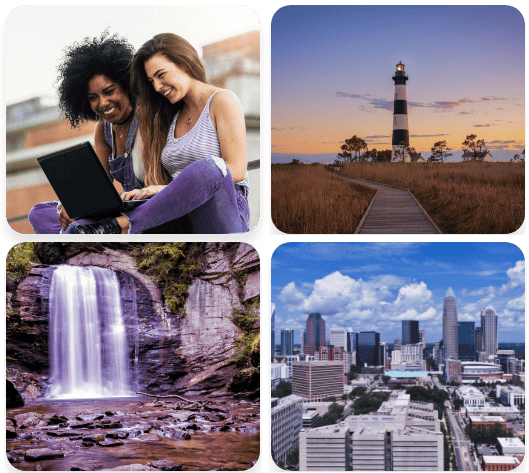 grid collage of north carolina images, two women on laptop, lighthouse, waterfall, city
